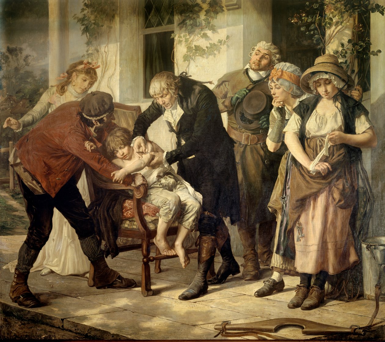 发现天花疫苗的英国医生 Edward Jenner (1749-1823) 第一次接种疫苗 加斯顿·梅林格 (1840-1914) 绘画 1796 巴黎，医学院 作者 加斯顿蜜饯