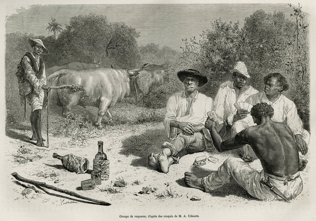 A group of vaqueros playing cards and drinking alcohol, near their herds of oxen, engraving after a drawing by G.Vuillier, to illustrate the story De Cayenne aux Andes, by Jules Crevaux, doctor of the French navy, in 1878-1879, published in the tour du mon 作者 加斯顿·沃利耶（Gaston Vuillier）