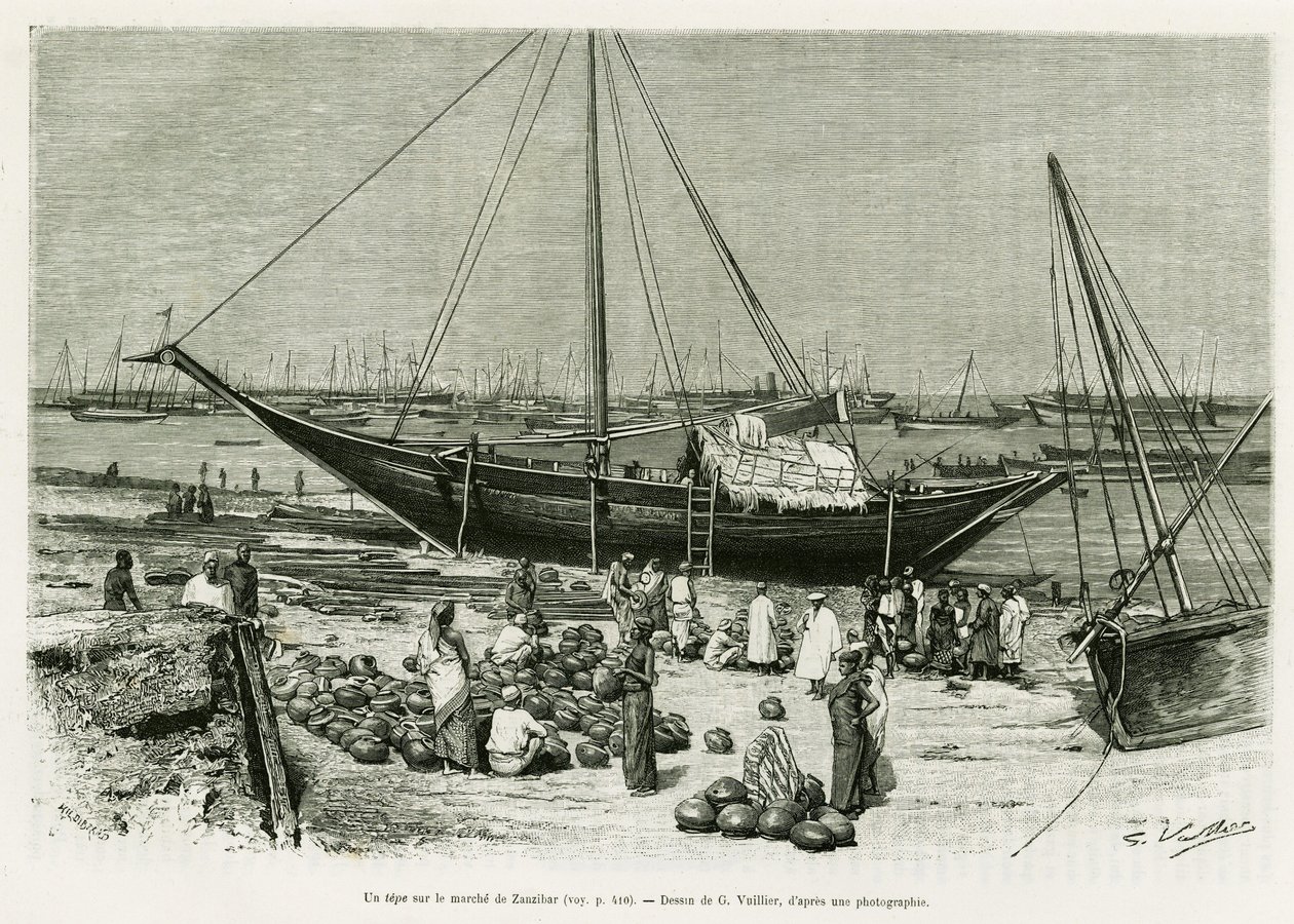 A tepe on the Zanzibar market (Tanzania). Engraving by G.Vuillier, to illustrate the story Voyage among the Benadirs, Somalis and Bayouns, in 1882 and 1883, by G.Revoil, in le tour du monde 1888, directed by Edouard Charton (1807-1890), Hachette, Paris. 作者 加斯顿·沃利耶（Gaston Vuillier）