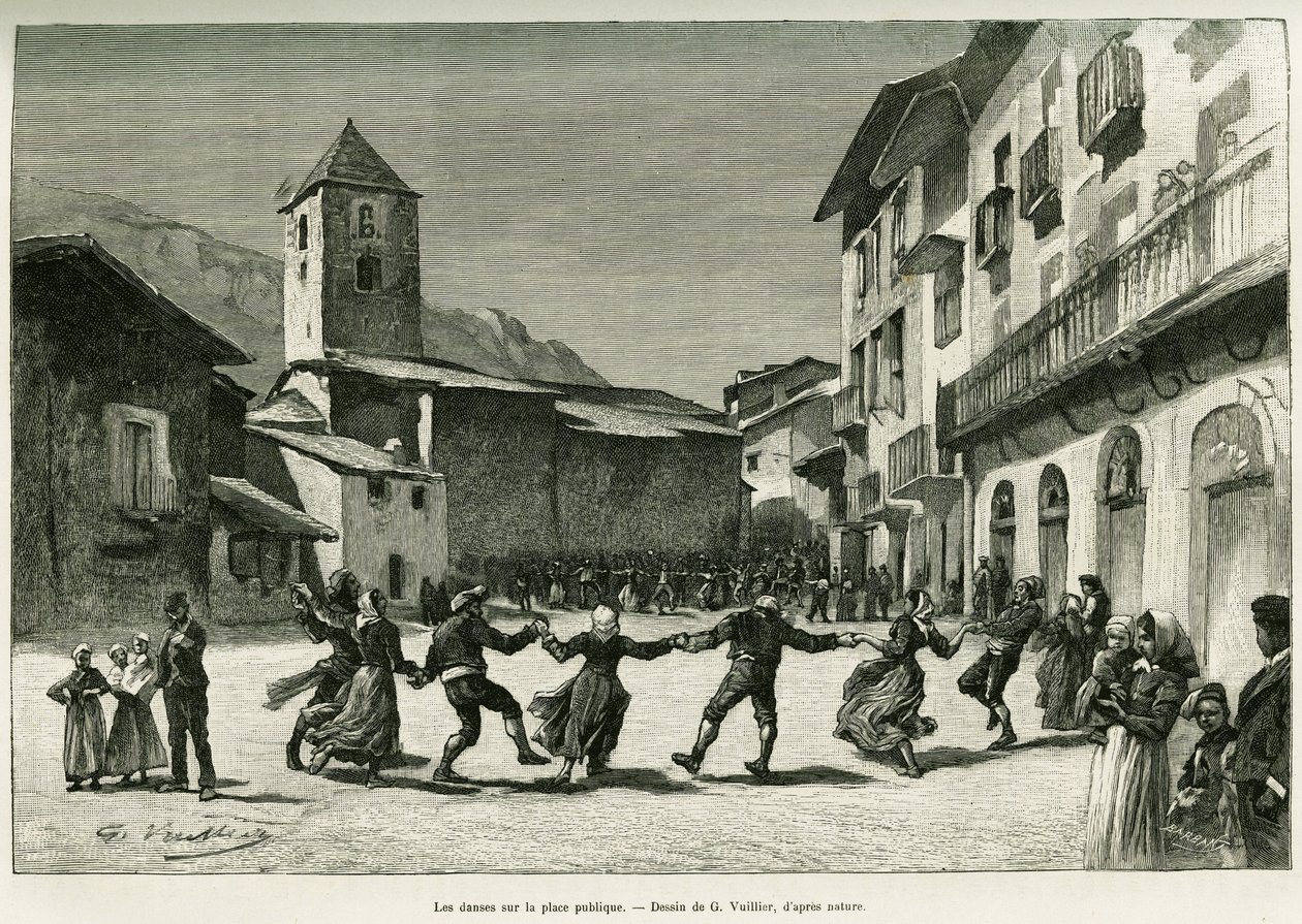 公共广场上的舞蹈。G.Vuillier的版画，为Gaston Vuillier的故事Le val d