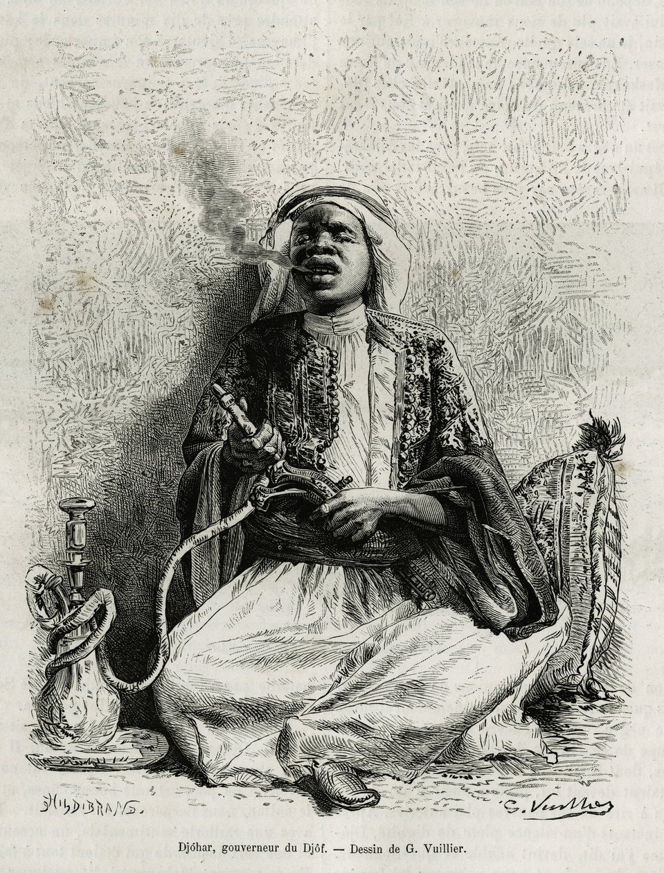 Portrait of Djohar, governor of the djof (grouping of 7 or 8 villages, built at a distance of 10 minutes from each other, online), smoking narguile. Engraving by G.Vuillier, to illustrate the story “” pelerinage au Nedjed, cradle of the Arab race””, by Lad 作者 加斯顿·沃利耶（Gaston Vuillier）