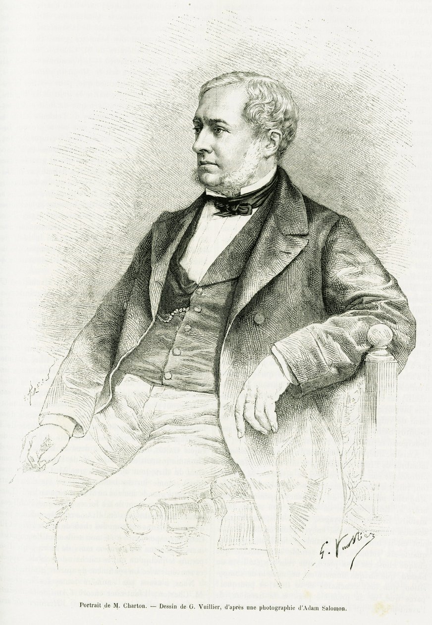 Portrait of Edouard Charton. Engraving by G.Vuillier, after a photograph by Adam Salomon, to illustrate the article entitled M. Charton by Paul Laffite in le tour du monde 1890, edited by Edouard Charton (1807-1890), Hachette, Paris. 作者 加斯顿·沃利耶（Gaston Vuillier）