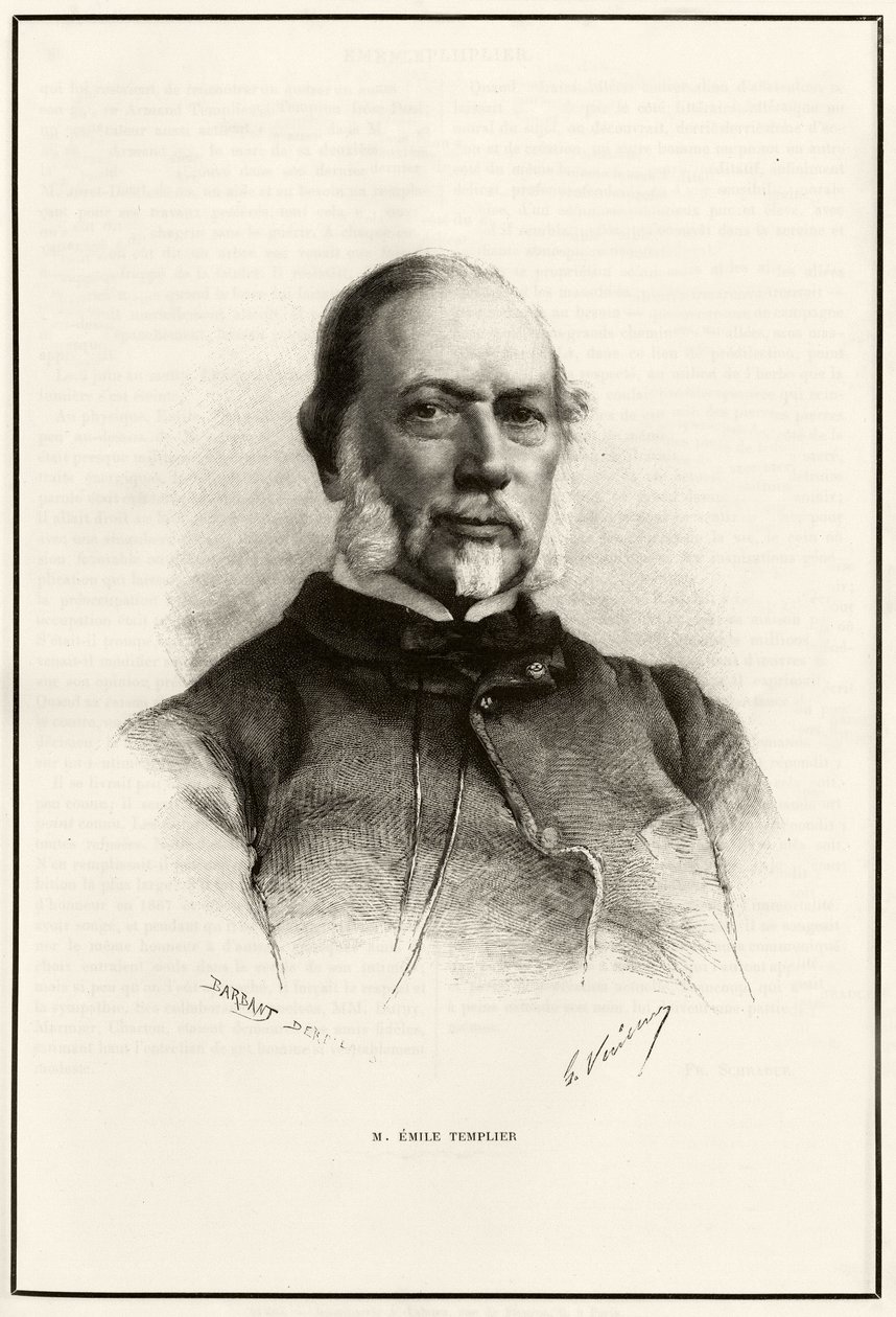 Emile Templier (1821-1891) 的肖像，Louis Hachette (1800-1864) 的合作者，负责“Tour du monde”的制造。 G.Vuillier 版画，说明故事“从巴黎到东京，穿越未知的西藏”，加布里埃尔·邦瓦洛 (Gabriel Bonvalo) 作者 加斯顿·沃利耶（Gaston Vuillier）