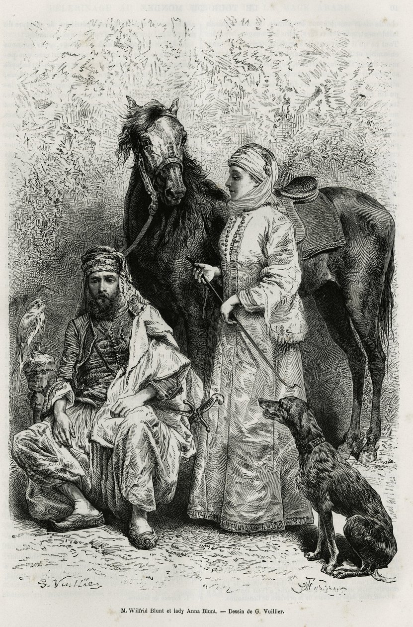 威尔弗里德·布朗特先生（1840-1922），诗人和作家，和他的妻子安娜·布朗特夫人（nee 诺埃尔国王（King Noel）1837-1917）的肖像，第一位探索中东的欧洲女性，穿着旅行服 ，在马厩中的一匹阿拉伯马前 作者 加斯顿·沃利耶（Gaston Vuillier）