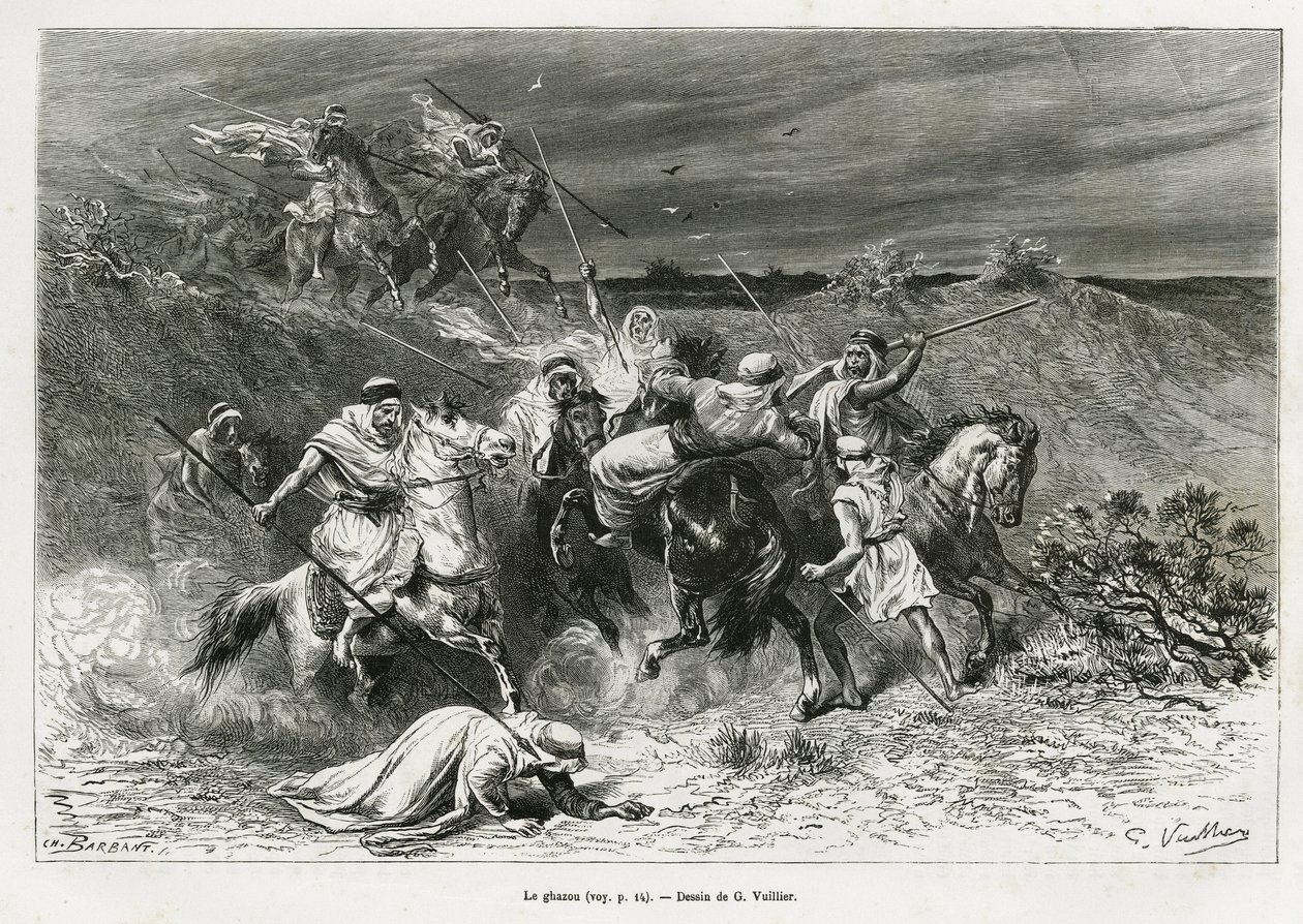 Ghazou，即razzia，用手抢劫。G.Vuillier的版画，用于说明安娜-布朗特女士于1878-1879年创作的故事 "pelerinage au Nedjed, cradle of the Arab race"，发表在《Tour du monde》上，由Edouard Charton（1807-）指导。 作者 加斯顿·沃利耶（Gaston Vuillier）