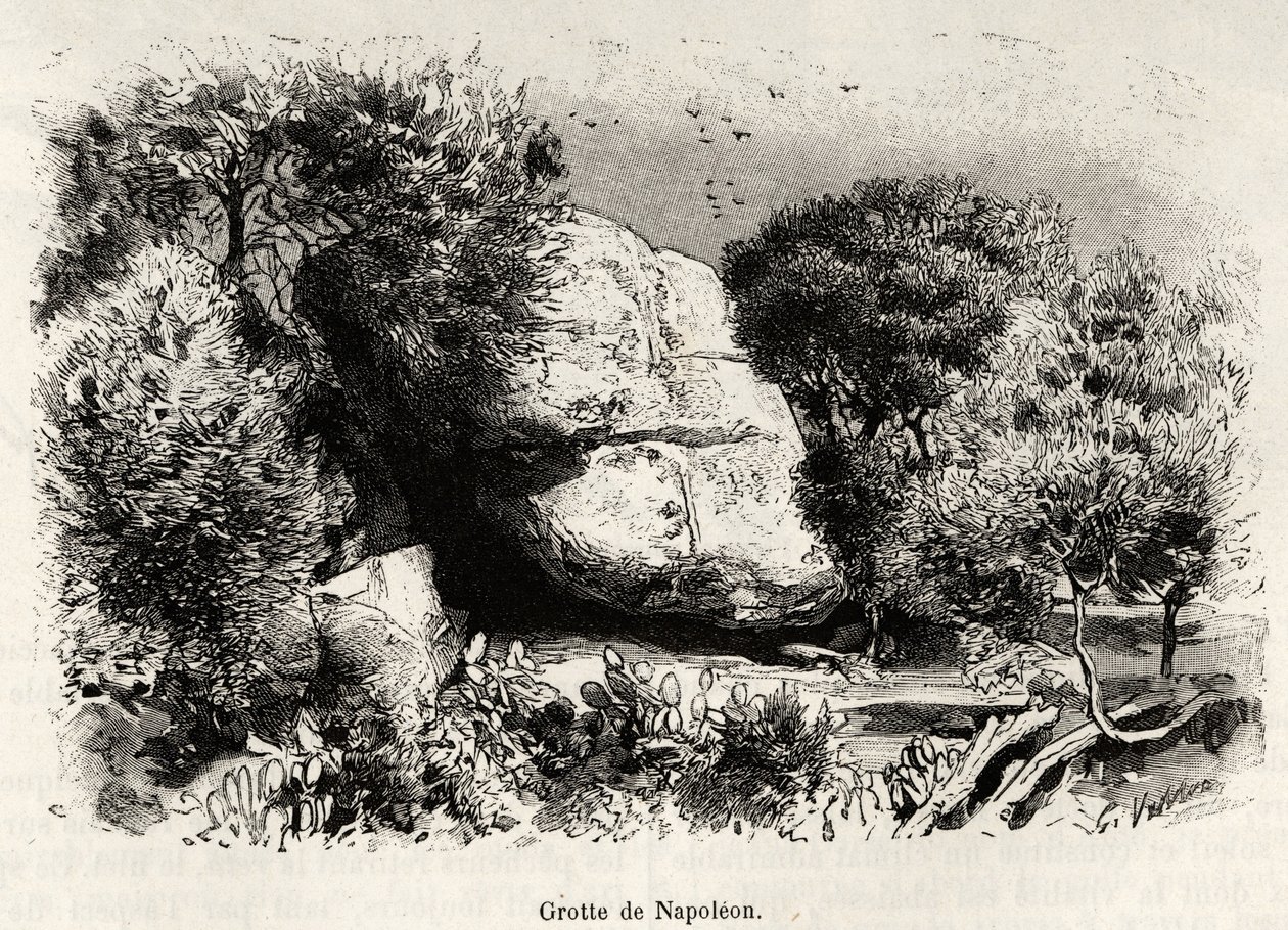 拿破仑，即拿破仑-波拿巴（1769-1821）小时候喜欢躲起来学习和冥想的山洞。雕刻和故事 "La Corse"，Gaston Vuillier（1845-1915），1890年，在Le tour du monde，nouveau journal des voyages，由其指导。 作者 加斯顿·沃利耶（Gaston Vuillier）