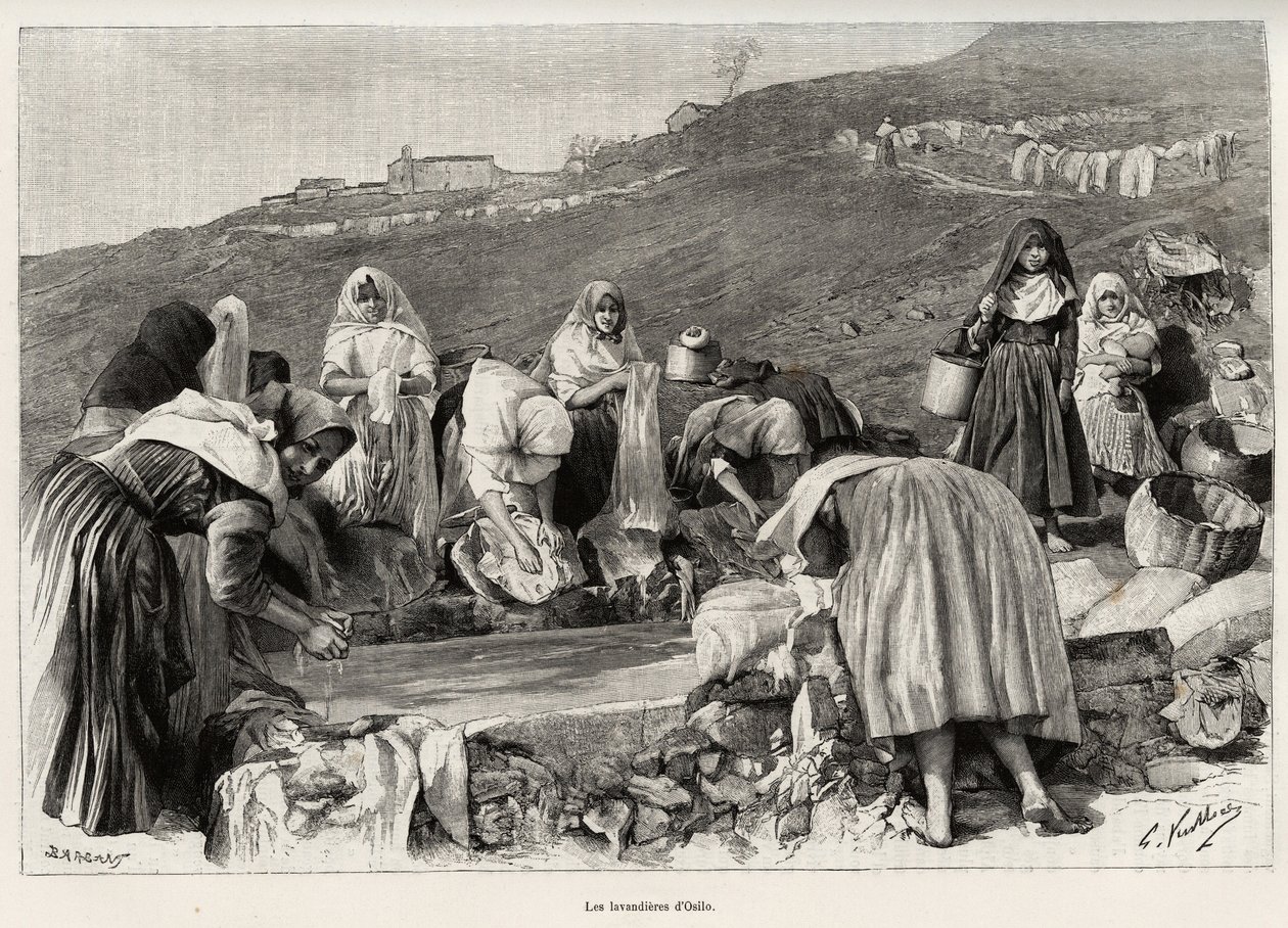 奥西洛（意大利）的薰衣草，妇女们聚集在盆地周围。 Gaston Vuillier（1845-1915）的雕刻和故事“La Sardaigne”，1890 年，在 Le tour du monde，新航海杂志，由 Edouard Charton（1807-1890）指导，第二学期 作者 加斯顿·沃利耶（Gaston Vuillier）