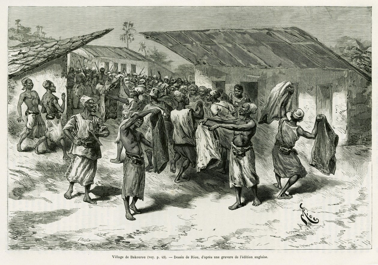 巴库鲁村，原住民获得了和平谈判的礼物。G.Vuillier的版画，为故事《非洲的土地》（Dans les tenebres de l