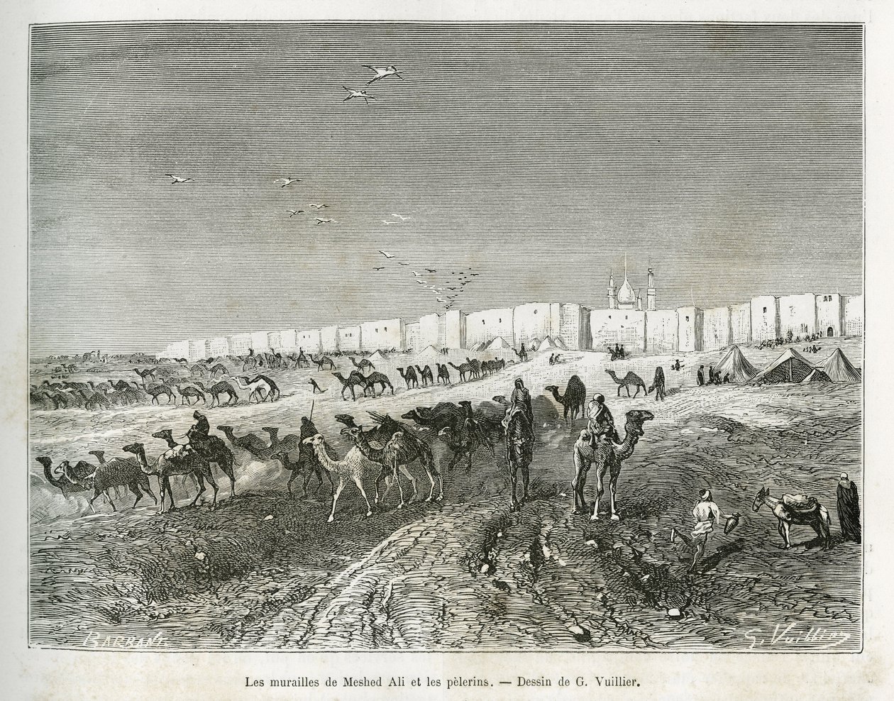 The walls of Meshed Ali (Ali Ibn Abi Talib, died in 661, cousin, disciple and son-in-law of Muhammad (570-632)) are located in the mosque of Najaf (Iraq) and the pelerins gather to celebrate the first and father of all imams. Engraving by G.Vuillier, to il 作者 加斯顿·沃利耶（Gaston Vuillier）