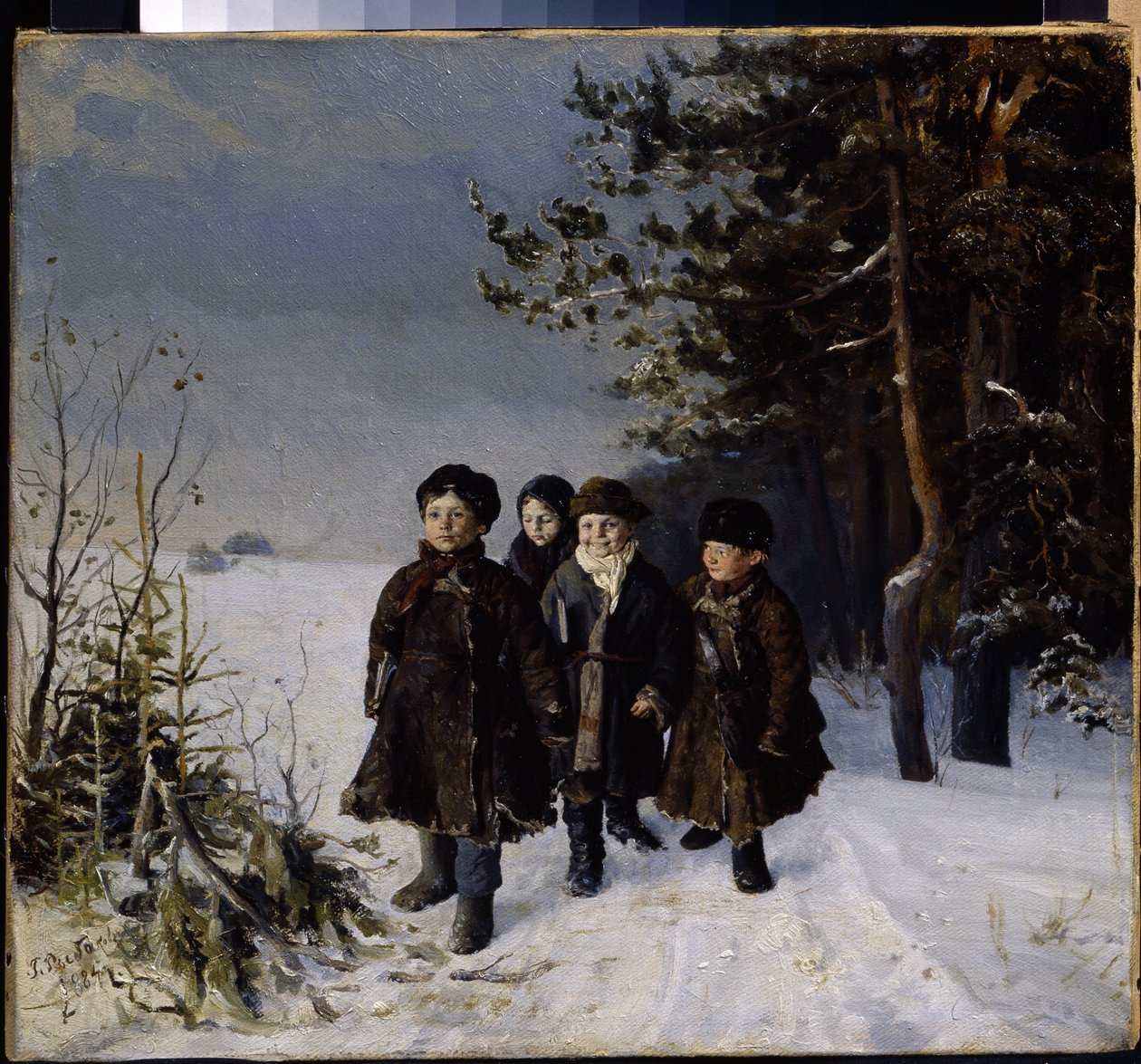 从学校回来 - Gavriil Fyodorovich Rybakov（1859-？）的绘画，布面油画 作者 加夫里尔·费奥多罗维奇·雷巴科夫