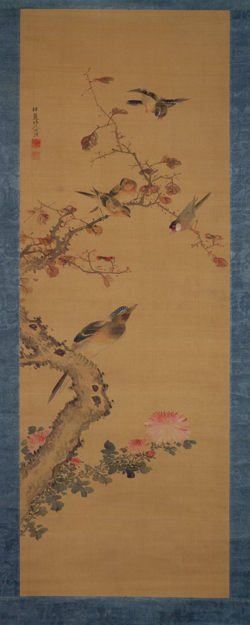 鸟类，花卉和树木，c.1800-22（丝绸上的墨水和颜色） 作者 Gentai Sanjin
