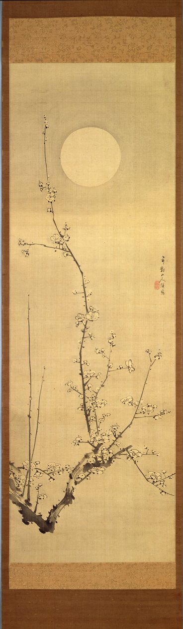 满月的朵朵梅花树，c.1800-22（丝绸上的墨水） 作者 Gentai Sanjin