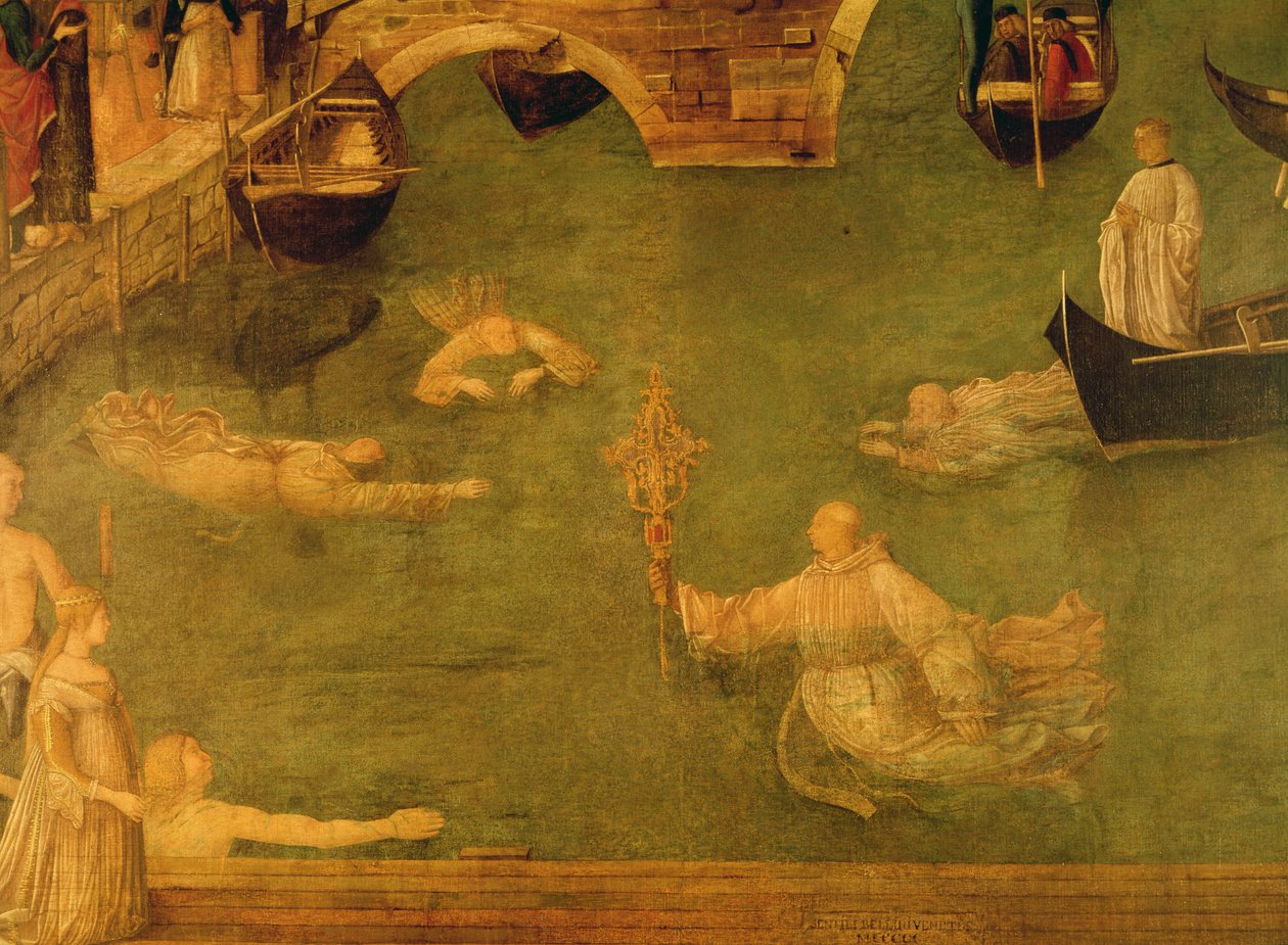 十字架的奇迹在S. Lorenzo桥梁，修士游泳细节，1500在画布的蛋彩画 作者 外邦人贝里尼