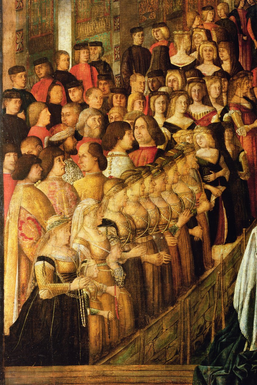 圣洛伦索桥上的十字架奇迹，Caterina Cornaro 1454-1510和她的女士们的细节，1500油画布上58302的细节 作者 外邦人贝里尼