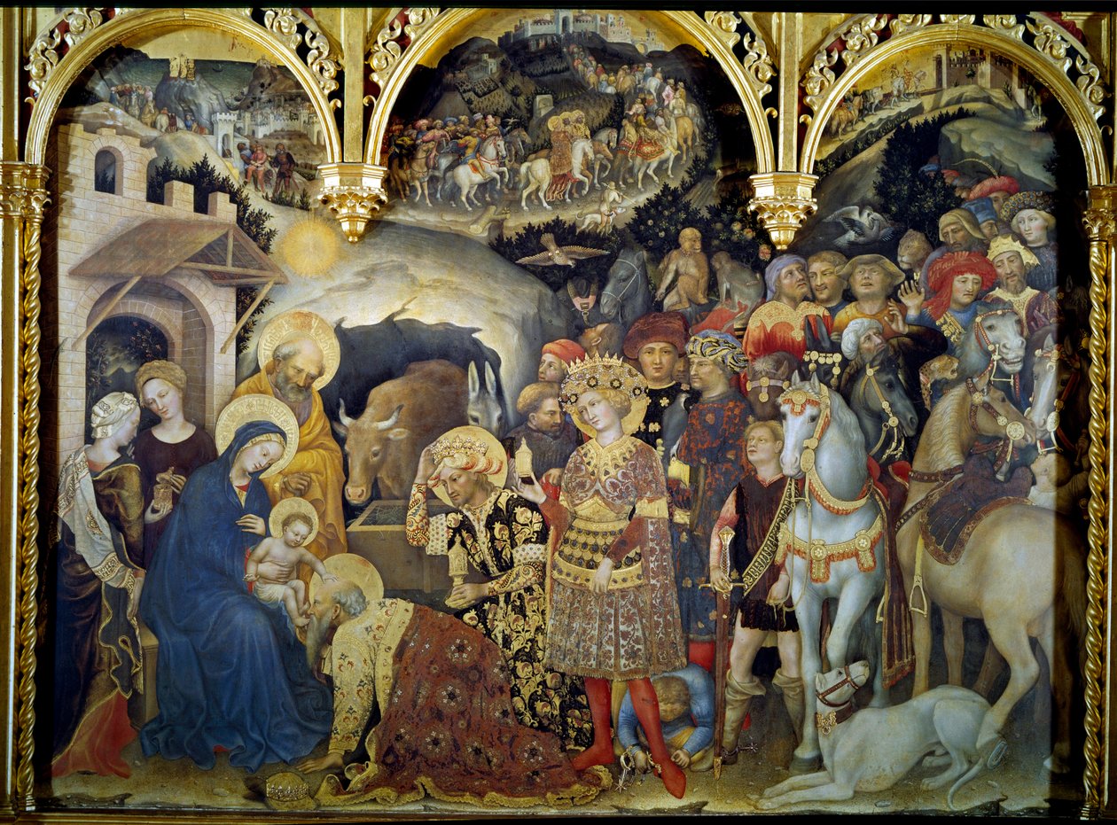 Gentile da Fabriano (1370-1427)1423年创作的木雕《魔女的崇拜》（The Adoration of the Detrempe Magi on Wood）。太阳。3x2.8米 佛罗伦萨，乌菲兹美术馆。 作者 真蒂莱·达·法布里亚诺