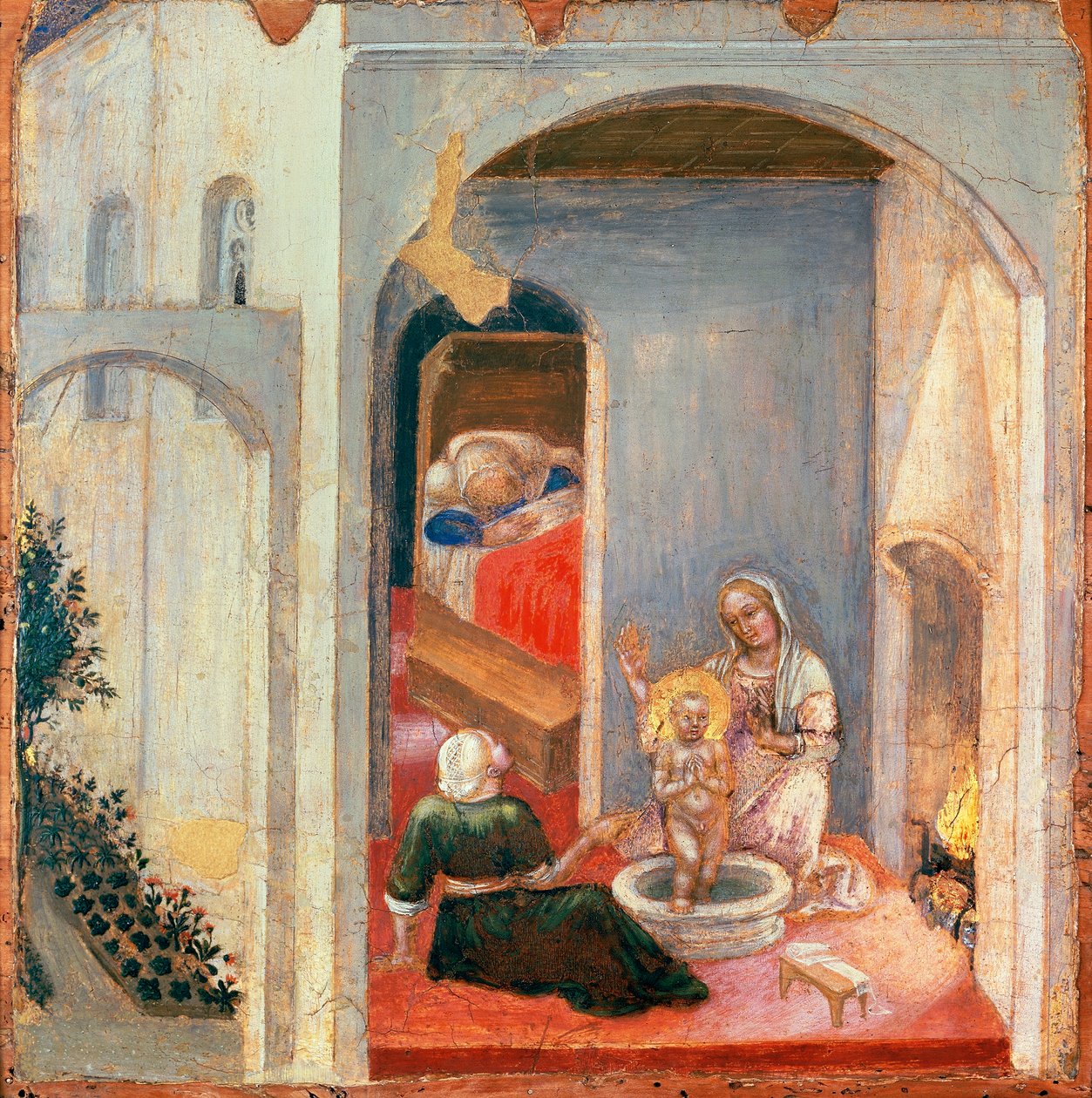 圣尼古拉的诞生》，Gentile da Fabriano（1370-约 1427 年）创作的 Quaratesi Polyptych 前厅画板，画板上的蛋彩画，355 x 36 厘米 作者 真蒂莱·达·法布里亚诺