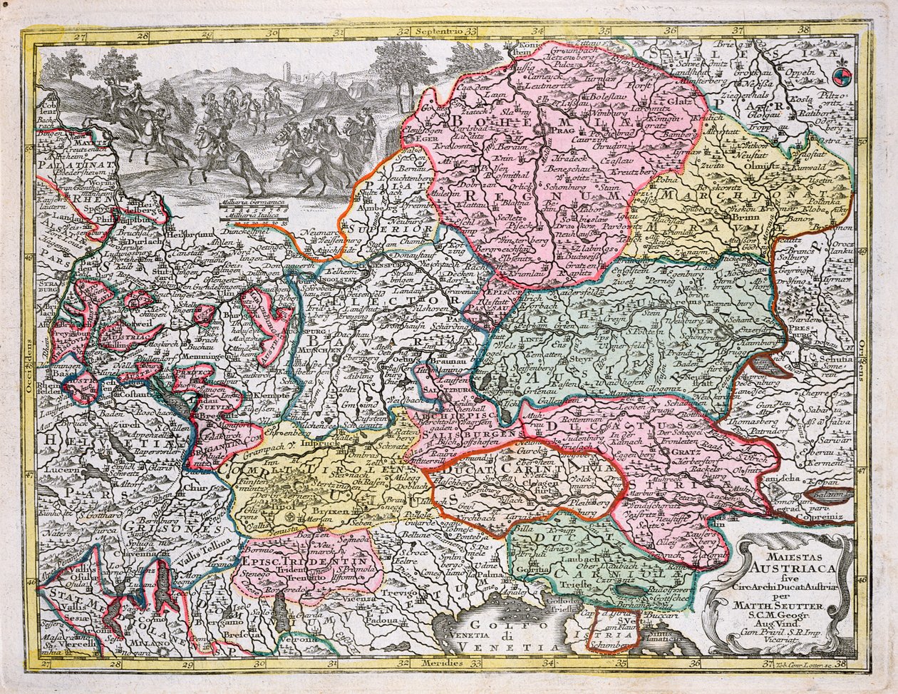 奥地利帝国地图，c.1750（彩色雕刻） 作者 乔治·马修·塞特