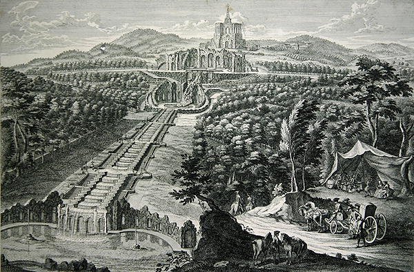 八角楼和瀑布的景色，由W.C. Mayr刻制（铜版画和蚀刻）。 作者 Georg (after) Finck 或 Fuenck