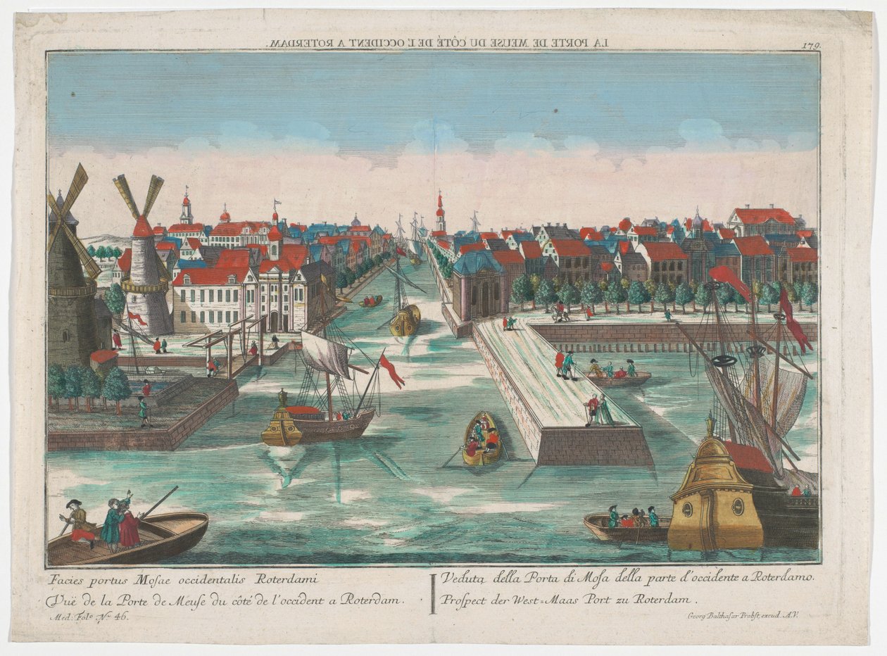 鹿特丹西新港（Wester Nieuwe Hoofdpoort）和欧斯特新港（Ooster Nieuwe Hoofdpoort）景观
鹿特丹西马斯港前景（物体上的标题）
鹿特丹（系列标题） 作者 乔治·巴尔塔萨·普罗布斯特（Georg Balthasar Probst）