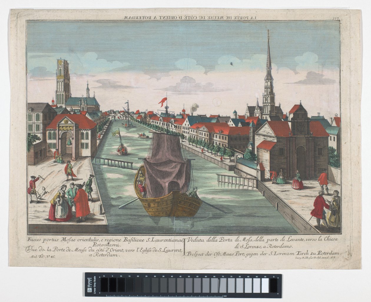 鹿特丹 Wester Oude Hoofdpoort 和 Ooster Oude Hoofdpoort 的景观 东马斯港前景，gegen der S.Lorenzen Kirch zu Rotterdam（物体上的标题） 鹿特丹（系列标题） 作者 乔治·巴尔塔萨·普罗布斯特（Georg Balthasar Probst）