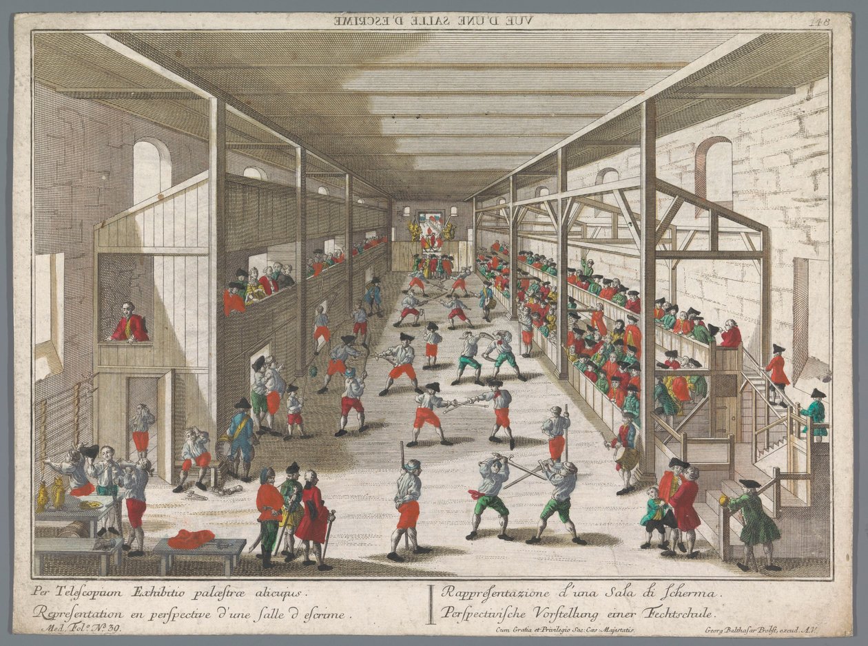 击剑学校的景色 Perspectivische Vorstellung einer Fechtschule（对象上的标题） 锦标赛和击剑学校（系列标题） 作者 乔治·巴尔塔萨·普罗布斯特（Georg Balthasar Probst）