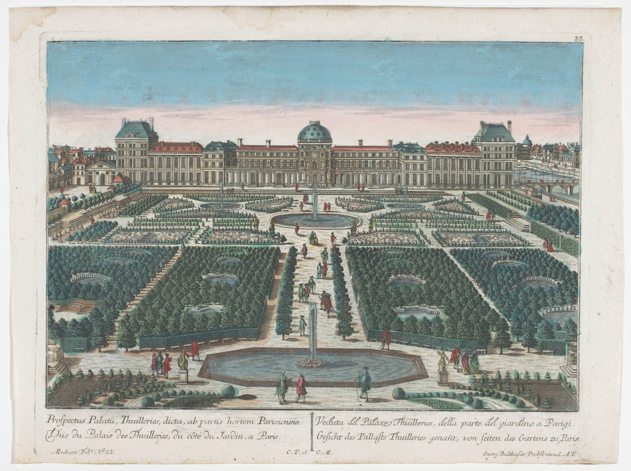 从杜伊勒里花园看到的巴黎杜伊勒里宫景观
Gesicht des Pallasts Thuilleries genannt, von seiten des Gartens zu Paris（物上标题）
巴黎（系列名称） 作者 乔治·巴尔塔萨·普罗布斯特（Georg Balthasar Probst）