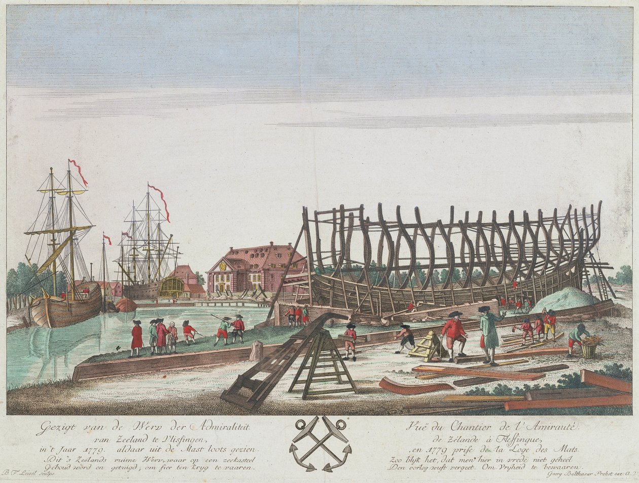 1779 年泽兰海军部弗利辛根造船厂的景色。石版画（36.3x49.1 厘米），莱泽尔根据格奥尔格-巴尔塔萨-普罗普斯特（1732-1801 年）的画作雕刻而成 作者 乔治·巴尔塔萨·普罗布斯特（Georg Balthasar Probst）