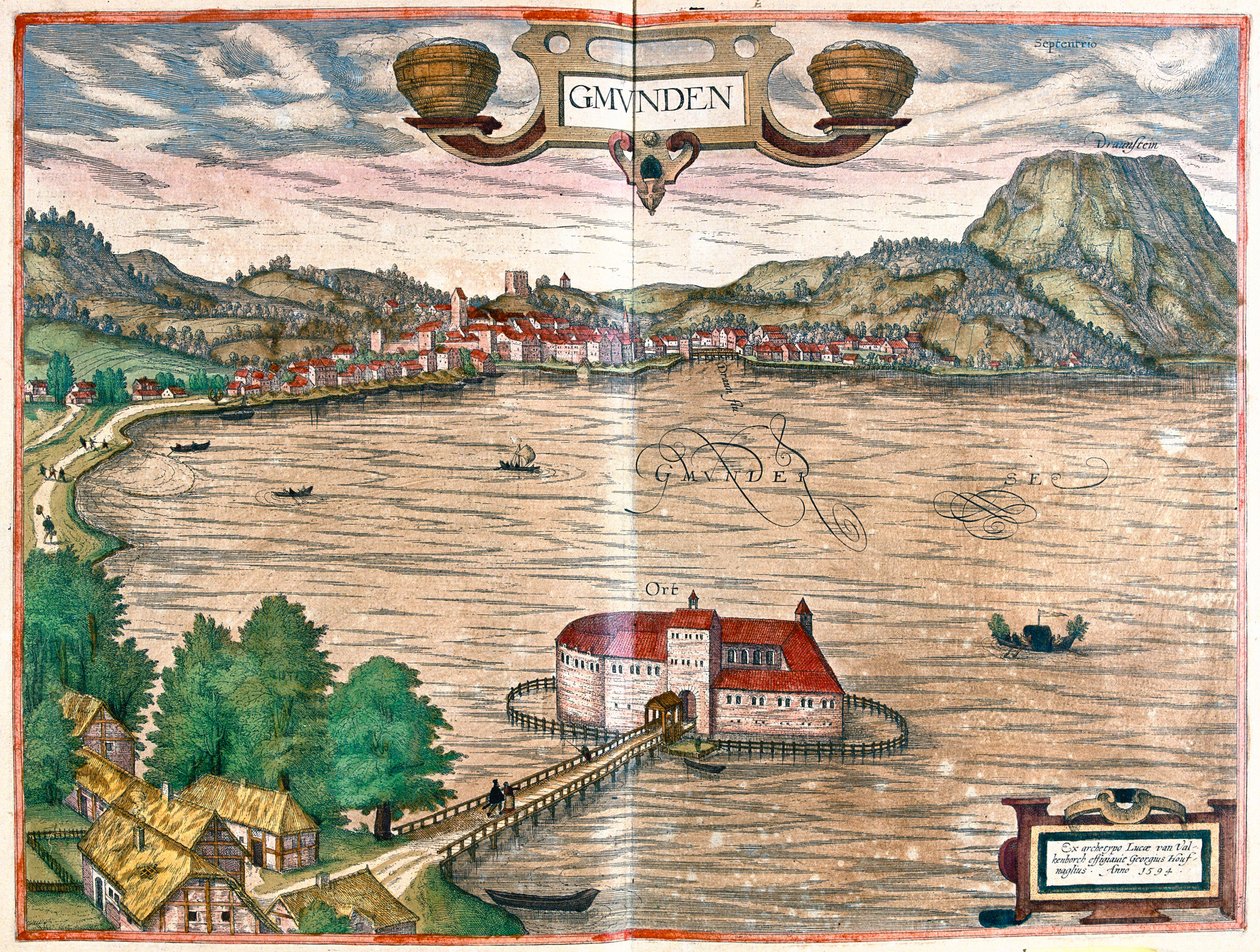 奥地利格蒙登（Gmunden）--载于格奥尔格-布劳恩（Georg Braun）1617 年创作的 "Civitates Orbis Terrarum"，科隆 作者 乔治·布劳恩
