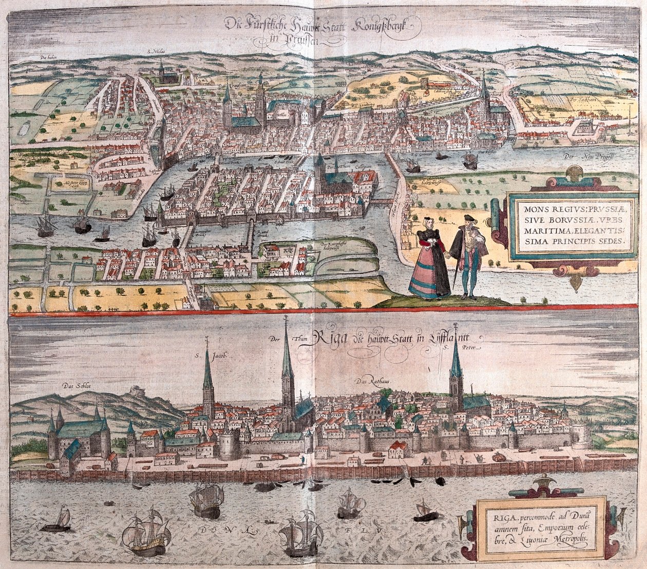 Konigsberg（德国和波兰），Riga（Lettonia）--载于 Georg Braun 的《Civitates Orbis Terrarum》，科隆，1617 年 作者 乔治·布劳恩