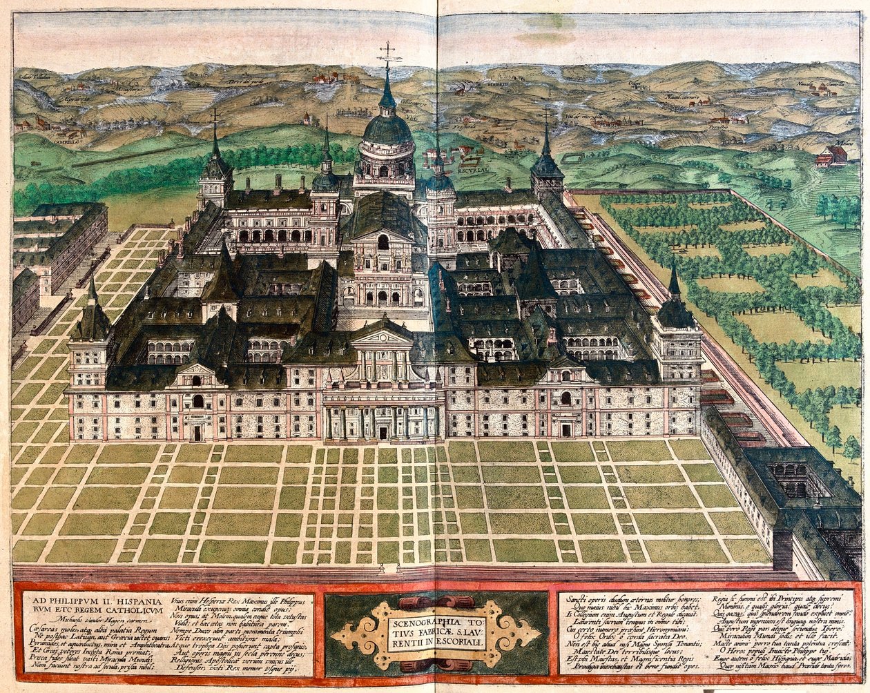 西班牙修道院（腓力二世国王的宫殿）--1617 年乔治-布劳恩的作品 "Civitates Orbis Terrarum "中，科隆 作者 乔治·布劳恩