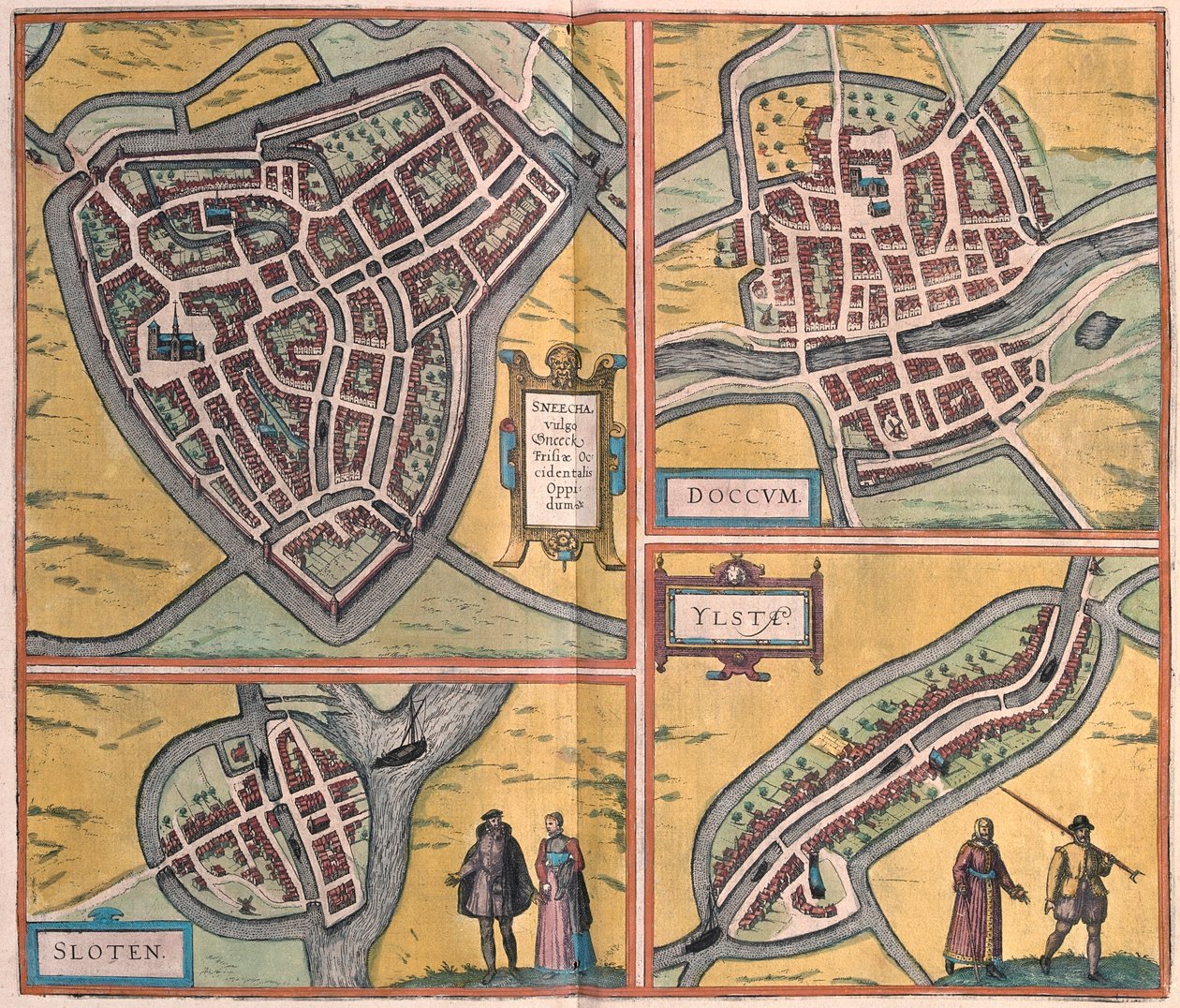 荷兰 Sneek、Doccum、Sloten、Ijlst--载于 Georg Braun 1617 年创作的《Civitates Orbis Terrarum》，科隆 作者 乔治·布劳恩