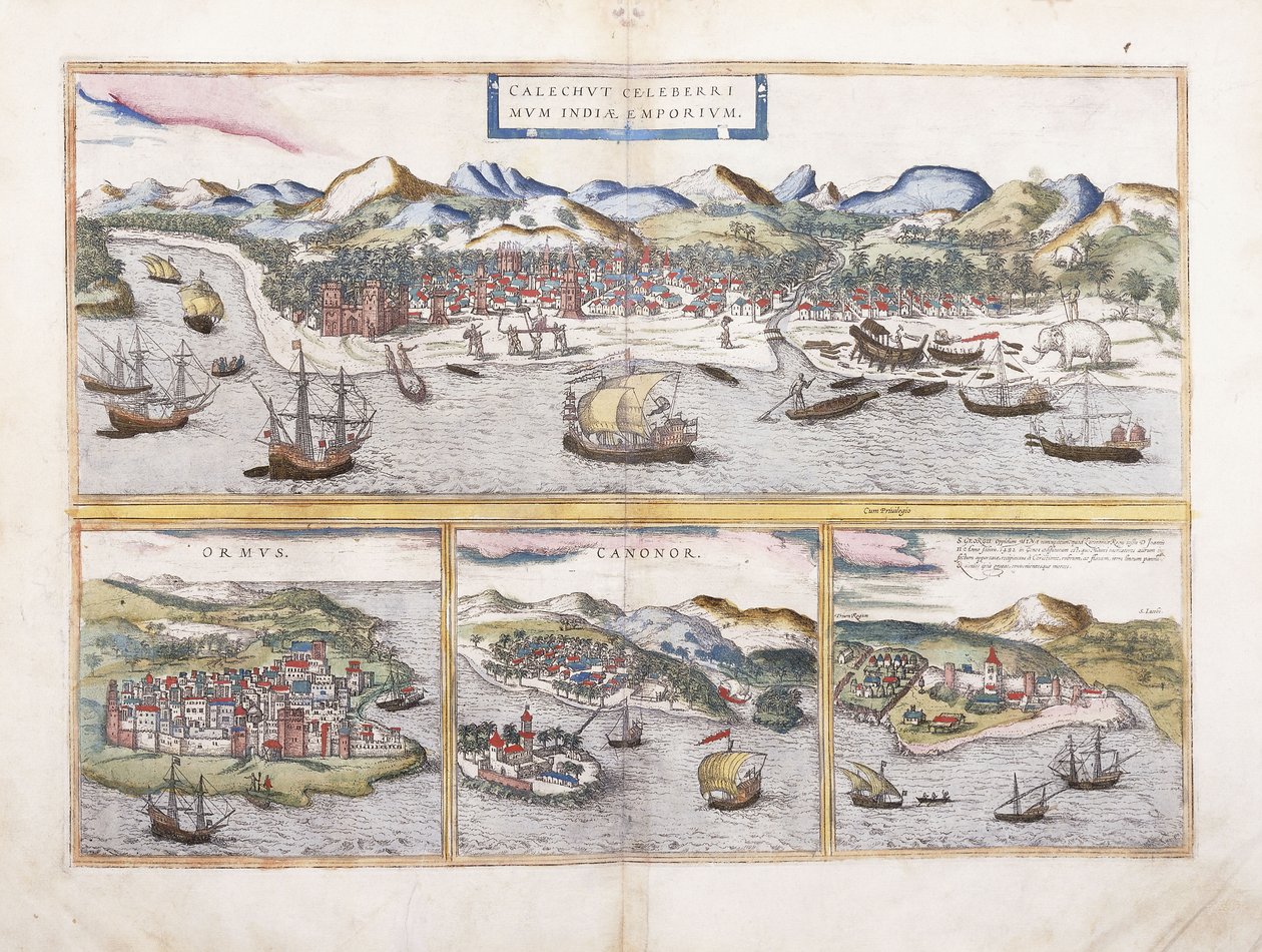1572年，印度加尔各答，以及波斯湾，印度卡诺纳尔和西非El Mina葡萄牙要塞入口处的Ormuz较小景观 作者 乔治·布劳恩