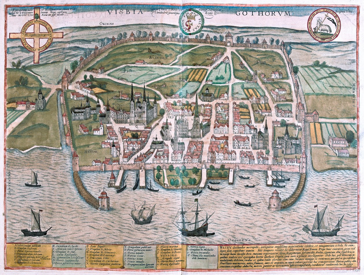 瑞典哥特兰岛维斯比--载于格奥尔格-布劳恩 1617 年创作的《Civitates Orbis Terrarum》，科隆 作者 乔治·布劳恩