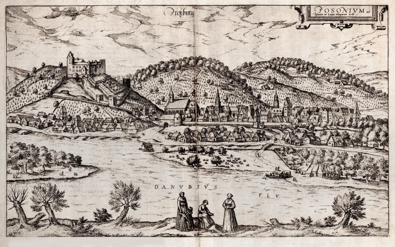 普雷斯堡布拉迪斯拉发。从地球上看，1588的城市 作者 乔治·布劳恩（Georg Braun）和弗朗兹·霍根伯格（Franz Hogenberg）