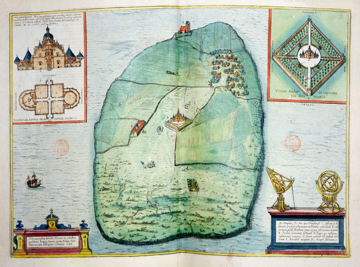 丹麦Hven岛上的Uraniborg城堡和天文台，由Tycho Brahe（1546-1601）建造的1584年，来自Urbium Praecipuarum Mundi Theatrum Quintum，1598年出版科隆（颜色） 作者 乔治·布劳恩（Georg Braun）和弗朗兹·霍根伯格（Franz Hogenberg）