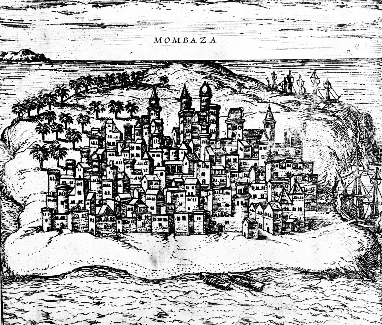 Mombaza的视图，来自Georg Brauns Civitates orbis terrarum，于1572年出版，雕刻细节为483404 作者 乔治·布劳恩（Georg Braun）和弗朗兹·霍根伯格（Franz Hogenberg）