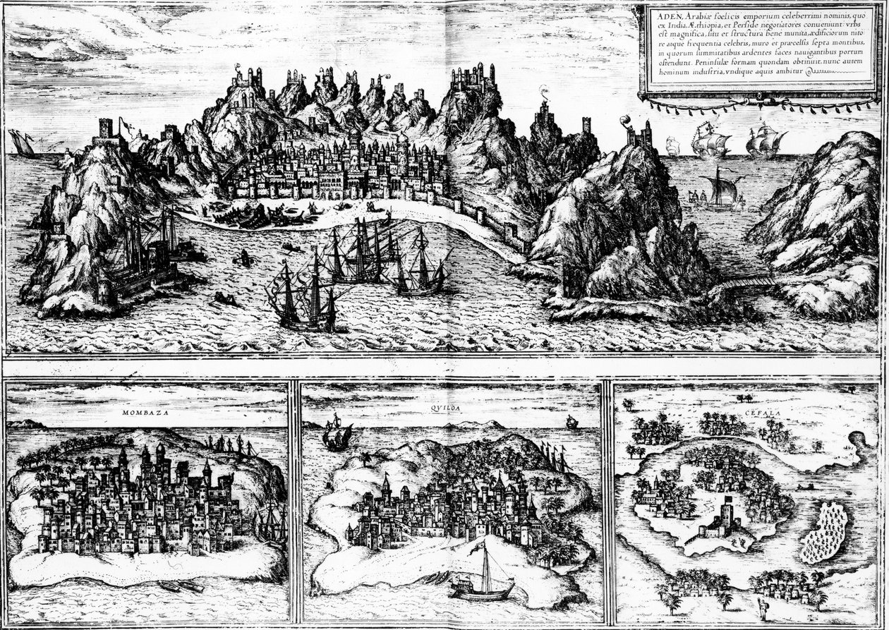 Aden，Mombaza，Quiloa和Cefala的观点，来自Georg Braun的“Civitates orbis terrarum”，于1572年出版 作者 乔治·布劳恩（Georg Braun）和弗朗兹·霍根伯格（Franz Hogenberg）