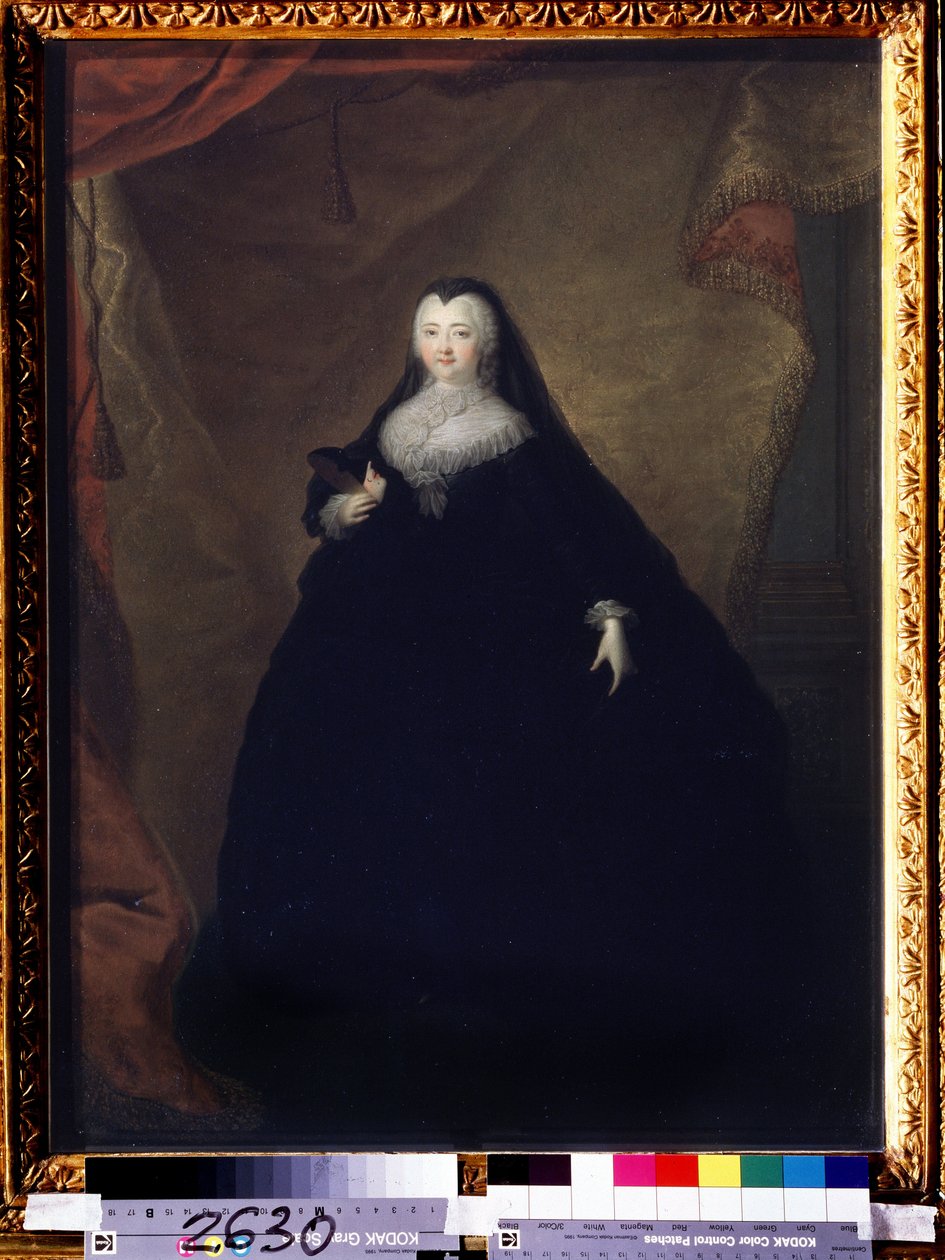 "彼得大帝之女伊丽莎白-彼得罗夫娜（1709-1762 年）的俄罗斯女皇肖像"，她乔装打扮，手持面具。格奥尔格-克里斯托夫（Georg-Christoph）-格罗特（1716-1749 年）的画作 1748 国家特列季亚科夫-格罗特 作者 乔治·克里斯托夫·格罗斯（Georg Christoph Grooth）