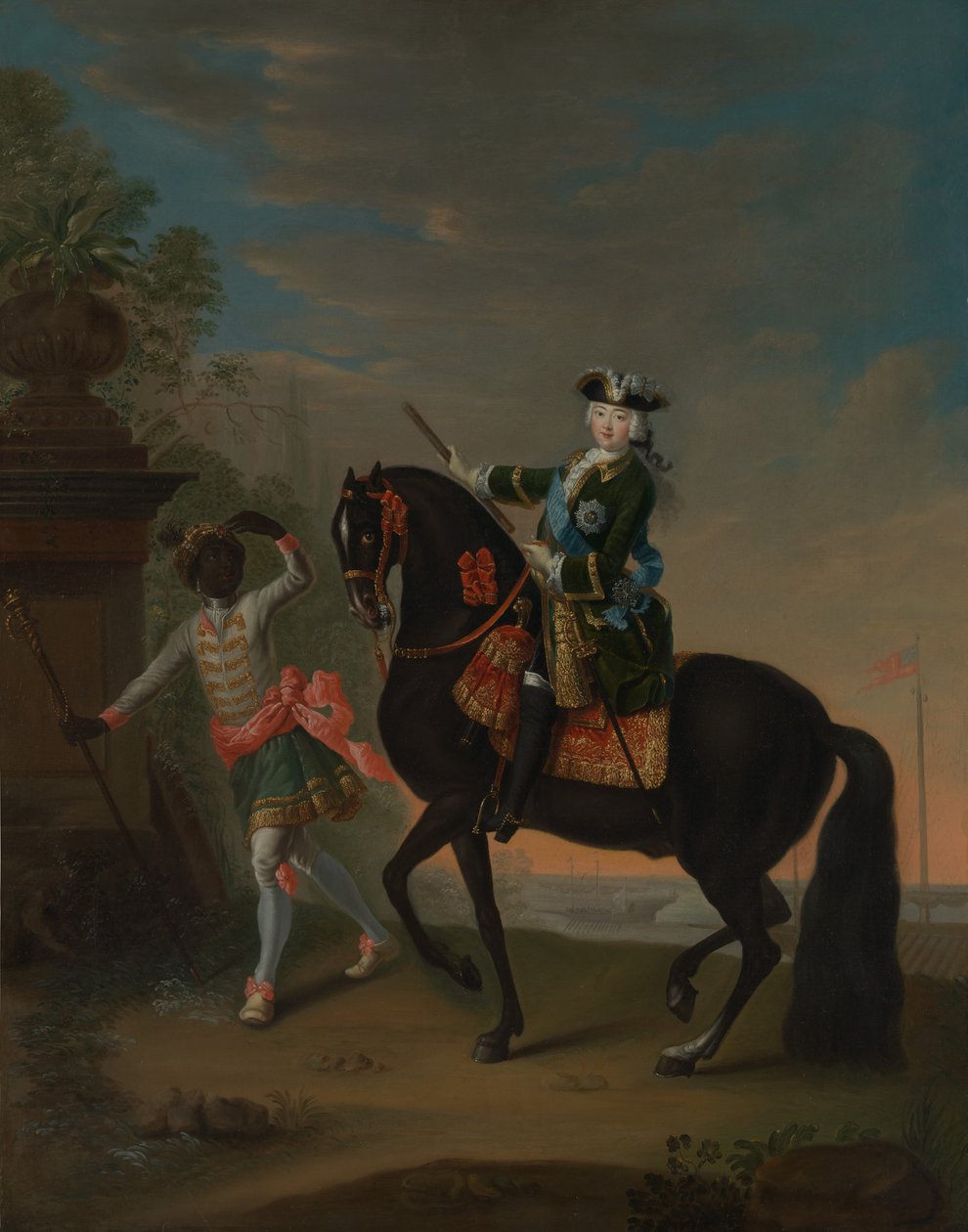 1709-1762年俄罗斯的伊丽莎白皇后在马背上，由一名侍从陪同，1743-49年之后。 作者 乔治·克里斯托夫·格罗斯