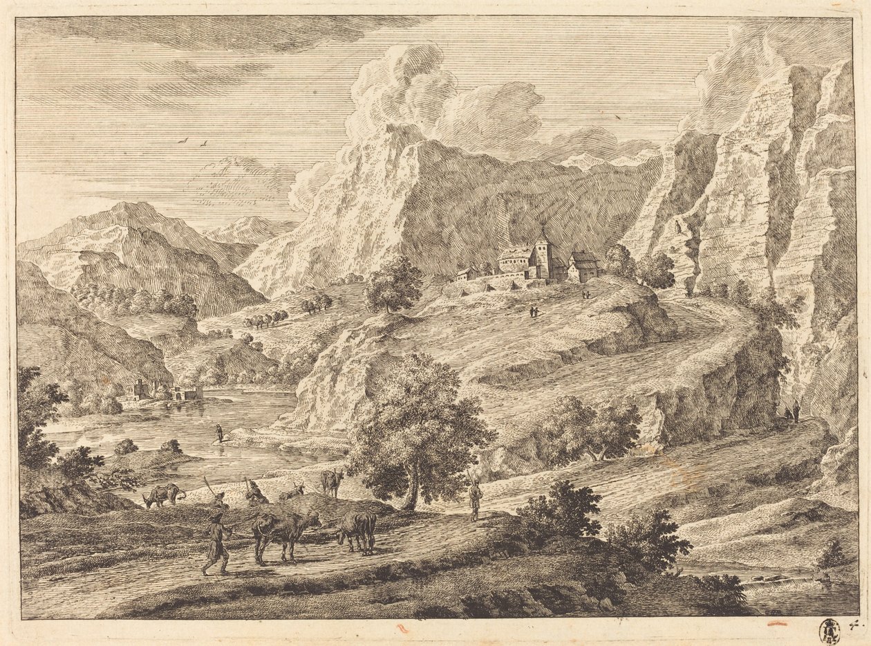 带人物和寺院的山地风景画 作者 乔治艾森曼