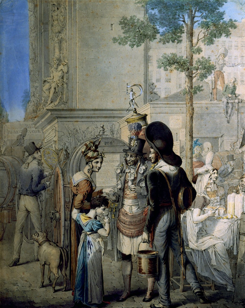 椰子贸易商 Porte Saint Denis 在巴黎。 在巴黎街头卖椰子杯的老商铺。 由德国人 George Emanuel Opitz（1775-1841）绘制，巴黎。 卡纳瓦莱博物馆 作者 乔治·伊曼纽尔·奥皮兹