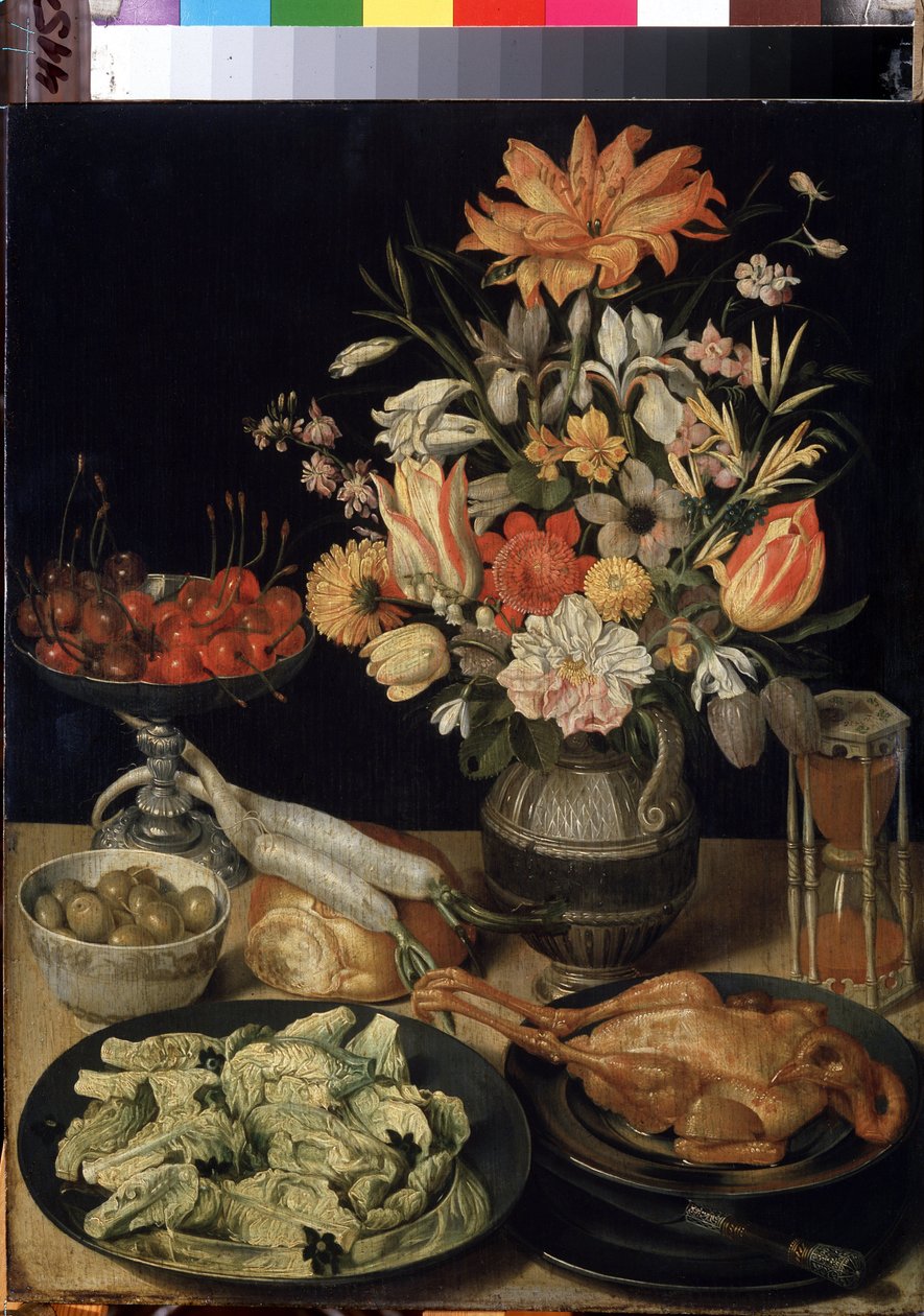 "静物与鲜花和点心"（Nature morte aux fleurs, poulet, sablier, olives, cerises et chou） 格奥尔格-弗莱格尔（1566-1638 年）的画作 1630-1635 年 尺寸：52.5x41 厘米 圣彼得堡冬宫博物馆 作者 乔治·弗莱格
