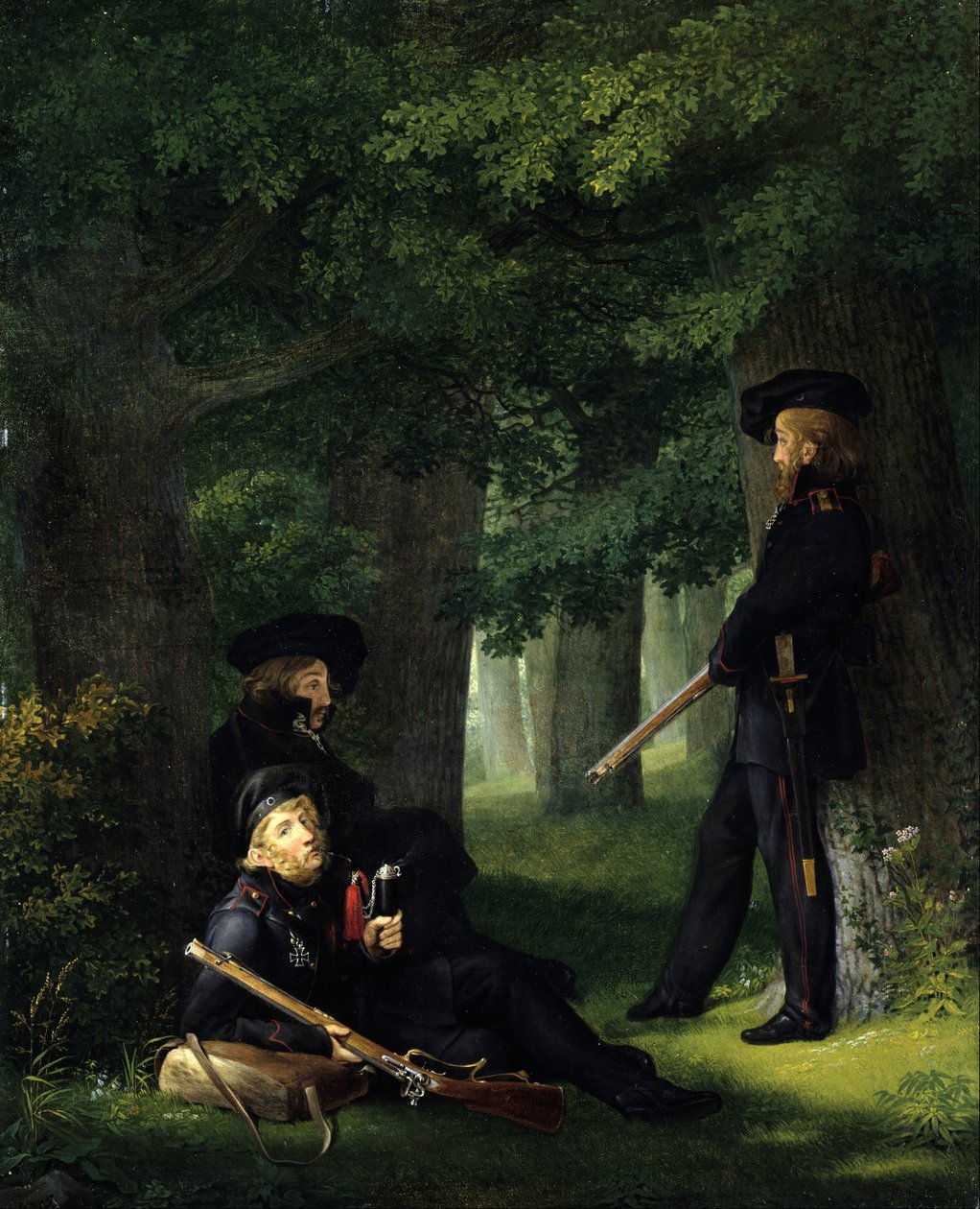 德文：Theodor Körner、Friedrich Friesen 和 Heinrich Hartmann 关于前哨站 At the Outpost 作者 格奥尔格·弗里德里希·克斯廷
