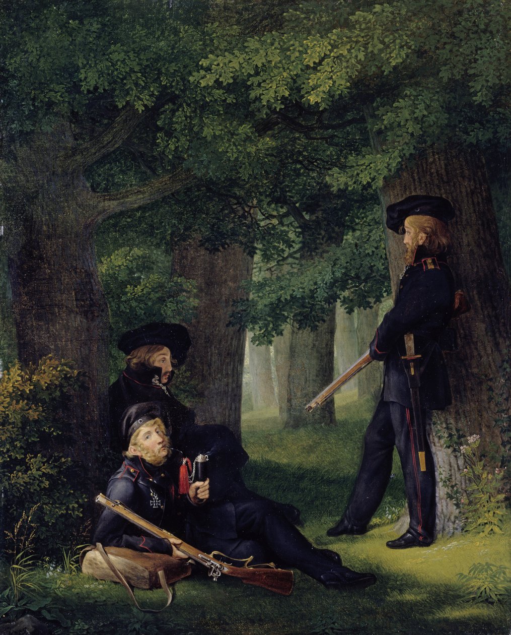 德文：Theodor Körner、Friedrich Friesen 和 Heinrich Hartmann 在前哨执勤 作者 格奥尔格·弗里德里希·克斯廷