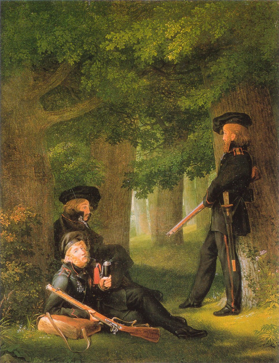 德国：Theodor Körner、Friedrich Friesen 和 Heinrich Hartmann 在前哨执勤 作者 格奥尔格·弗里德里希·克斯廷