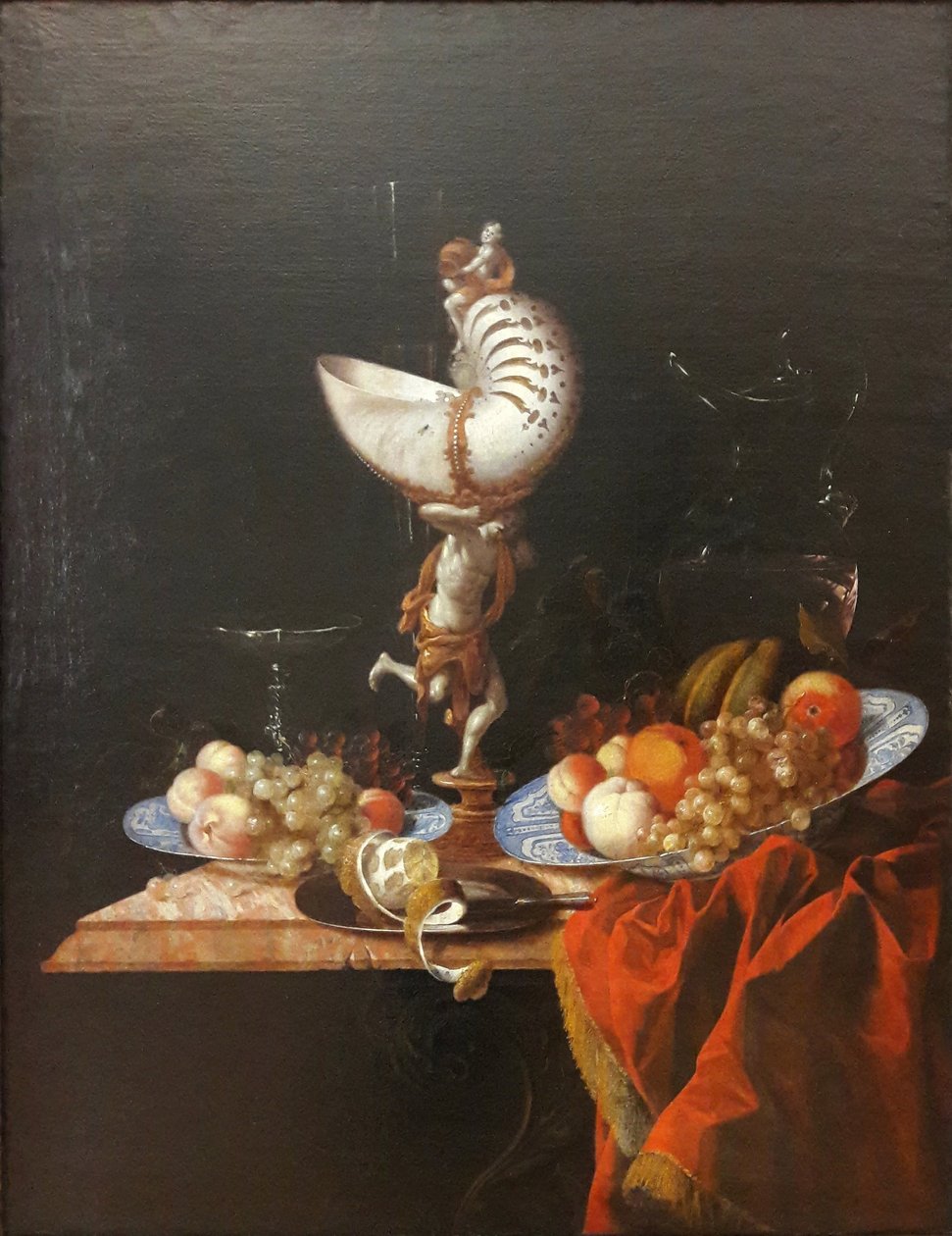 德语：Stillleben mit Nautiluspokal 带鹦鹉螺杯的静物画 作者 乔治·海恩茨