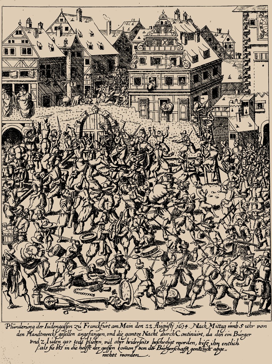 费特米尔奇起义。1614年8月22日对法兰克福犹太街的掠夺，约1616-1617年 作者 乔治·凯勒