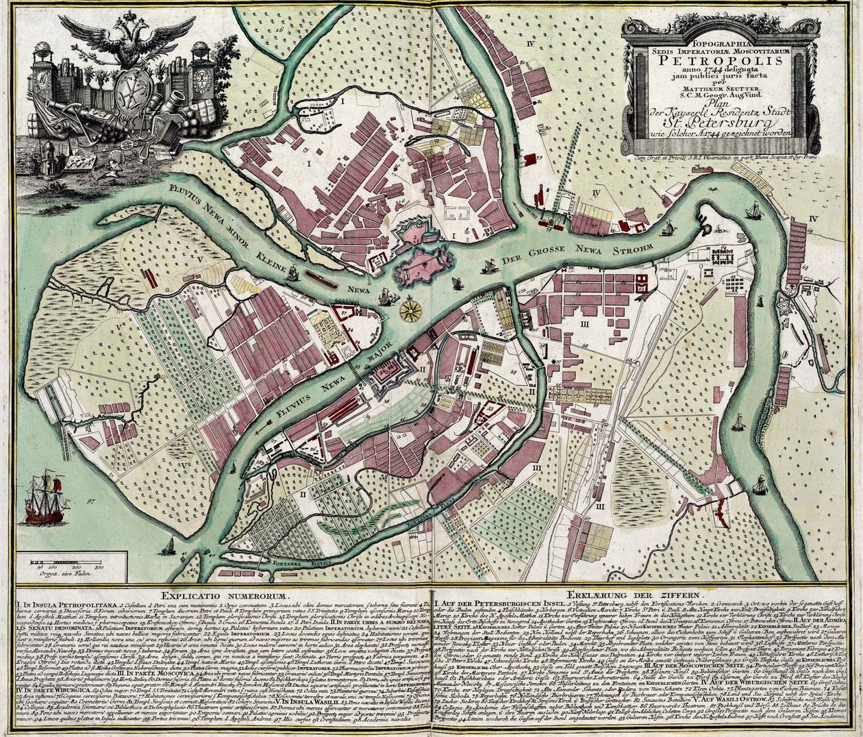 圣彼得堡（俄罗斯）地图 - 马泰厄斯-修特（1678-1757 年）的作品，凹版画和水彩画 作者 乔治·马修·塞特