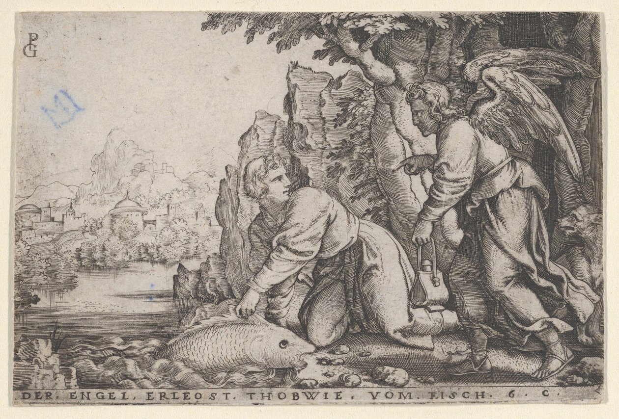 Tobiolus捕鱼》，出自《Tobias的故事》，1543年。 作者 乔治·彭茨