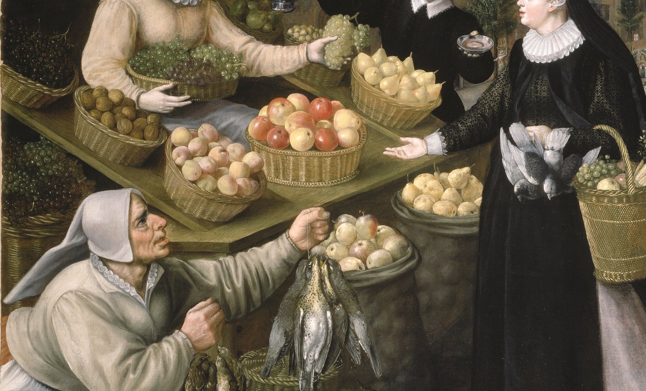 秋天的寓言：美因河畔法兰克福 Weinmarkt 上的果蔬摊位 作者 Georg 和 Valkenborch Lucas Van Flegel